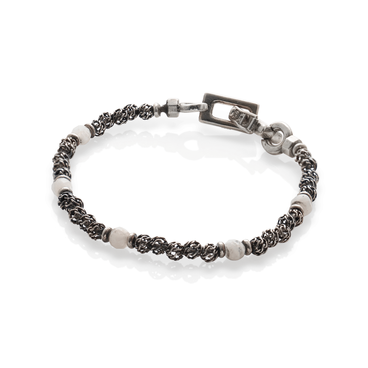moonstone bracelet, braided metal silver beads jewel