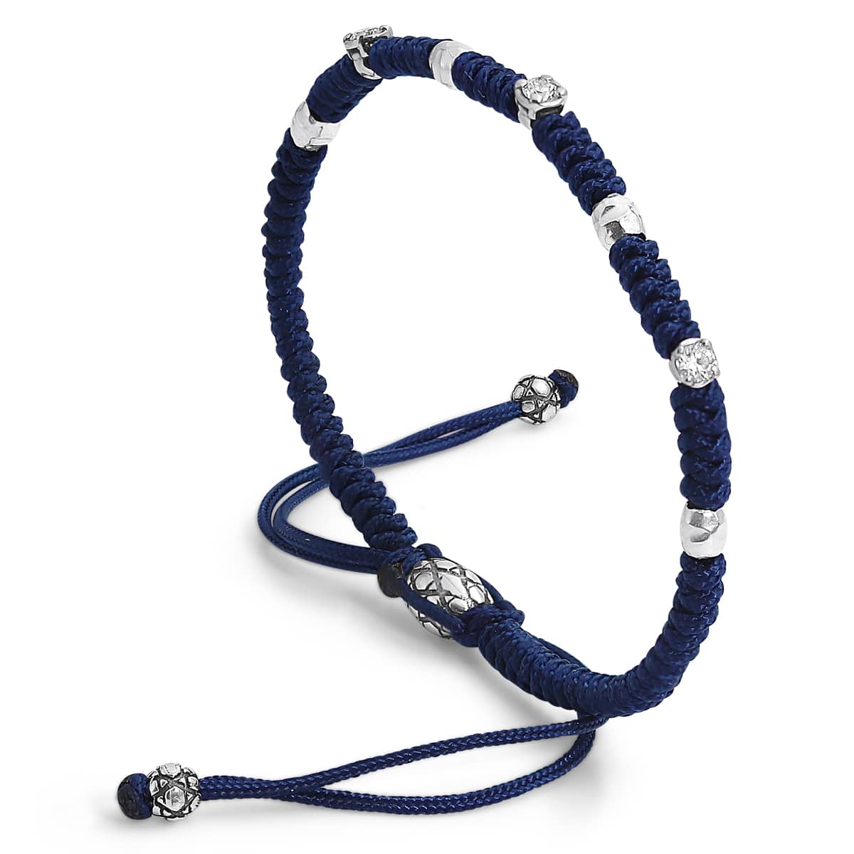 Handmade woven bracelet, Blue cord jewelry, Lab-grown diamonds, 14K white gold beads, Hammered silver beads, Artisan jewelry, Men's luxury bracelet, Unisex diamond bracelet, Hand-braided blue jewelry, Sustainable diamond jewelry, Modern talisman, Minimalist luxury.